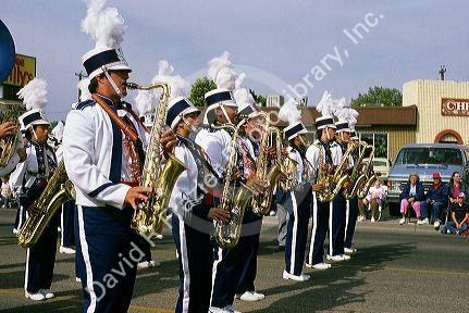 Students play the saxaphone in a high school marching band. Nampa, Idaho.