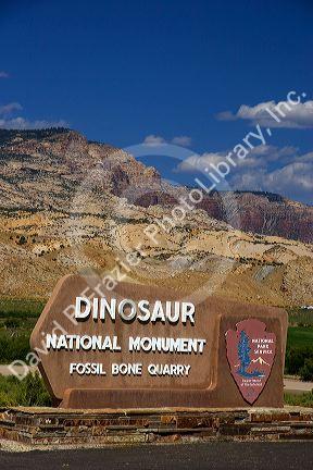 The sign at the entrance to the Dinosaur National Monument and fossil bone quarry at Vernal, Utah.