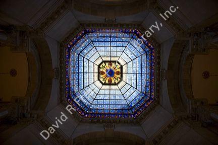 Backlighted view of stained glass in the dome of the Indiana Capitol Building.