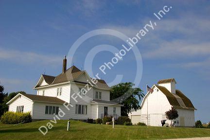 White barn and house with statue of a hog in the yard. Glidden, Iowa.
