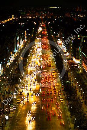 A view of the Champs Elysees from the Arc De Triomphe in Paris, France.