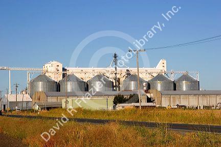 Grain elevators at a rice mill in Richvale, California.