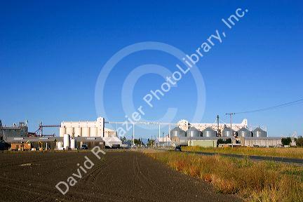 Grain elevators at a rice mill in Richvale, California.