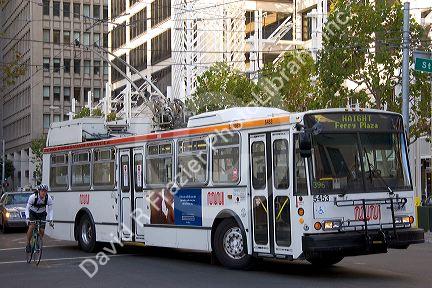 Electric city bus in San Francisco, California. Power is supplied by overhead wires.