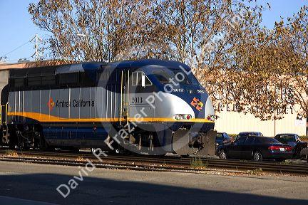 Amtrak train locomotive engine on the tracks in Oakland, California.