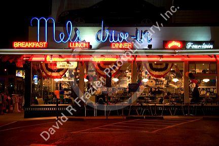 Neon lights on the exterior of Mels Drive-in. A chain restaurant in San Francisco, California.