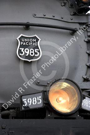 Close view of historic Challenger locomotive steam engine.