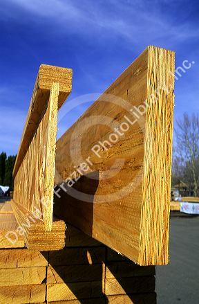 End view of a laminated header on right and I-beam, engineered wood beams.