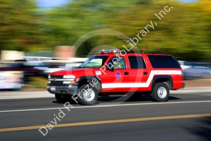 Fire emergency command vehicle in motion. Boise, Idaho.