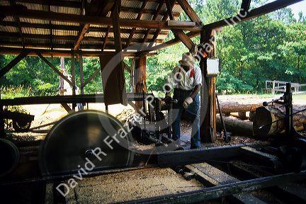 An african american man operates a sawmill at Agrirama Tifton, Georgia.