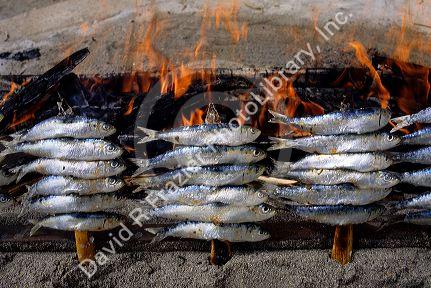 Smoking sardines  near an open fire in Nerja, Spain.