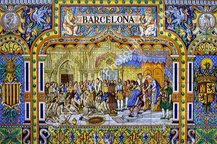 A painted tile panel in the Plaza de Espana, Seville, Spain.