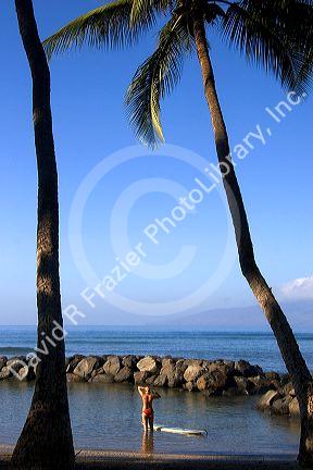 Woman entering the pacific ocean with surfboard on the island of Maui, Hawaii.