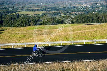 Tourists ride bicycles along the Mount Haleakala road on the island of Maui, Hawaii.