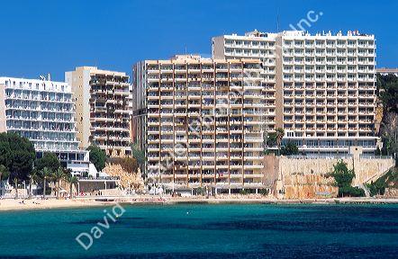 Hotels line the beach in Majorca, Spain.
