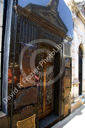 The Duarte family mausoleum with the grave of Eva Peron at the Recoleta Cemetery in Buenos Aires, Argentina.
