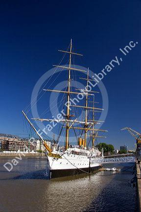 Frigate Saramiento navy training sailing ship docked at Puerto Modero, Buenos Aires, Argentina.