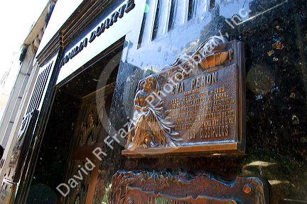 The Duarte family mausoleum with the grave of Eva Peron at the Recoleta Cemetery in Buenos Aires, Argentina.