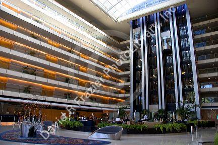 Interior of the Hilton hotel lobby at Puerto Modero, Buenos Aires, Argentina.