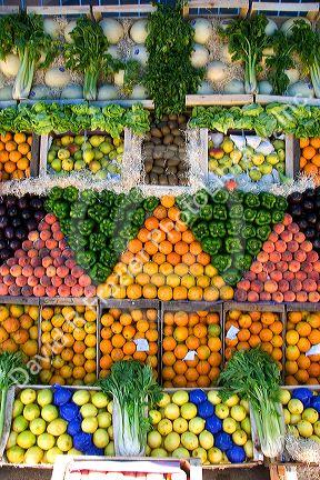 Artistic display of fruit and vegetables at a stand in Gesell, Argentina.