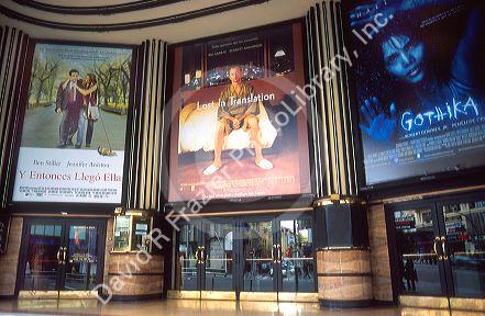 Spanish language movie posters at a theater on Gran Via in Madrid, Spain.