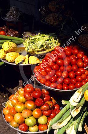 Fruit and vegetable display at a Saigon market in Vietnam.