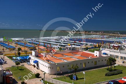 Cabanas and balenario beach scene at Mar del Plata, Argentina.