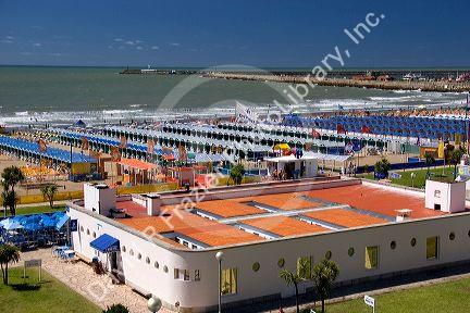 Cabanas and beach scene at Mar del Plata, Argentina.