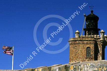 A lighthouse at El Morro Castle in San Juan, Puerto Rico.