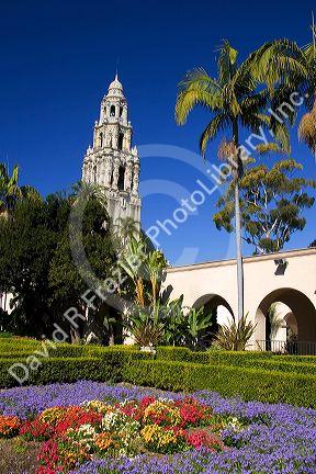 Flower gardens and landscaping in front of the Museum of Man at Balboa Park in San Diego, California.