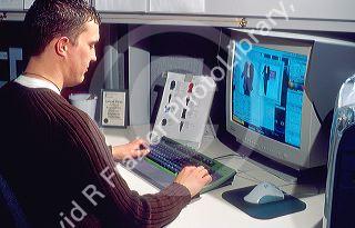 Male adult working with computer on a web design for an online catalog.