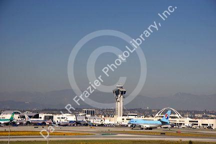 Airport terminal and control tower at LAX in Los Angeles, California.