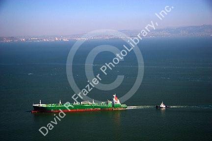 Tanker ship and tug boat in the San Francisco bay, California.