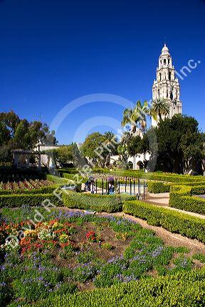 Flower gardens and landscaping in front of the Museum of Man at Balboa Park in San Diego, California.