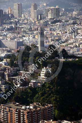 Aerial view of the city of San Francisco, California centered on Coit Tower.