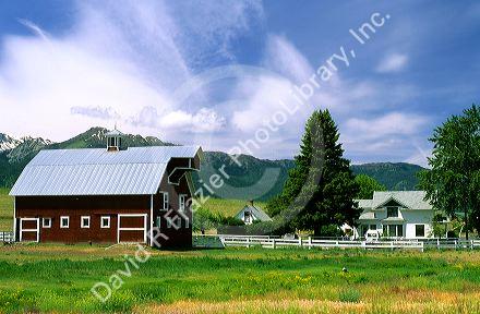 Red barn and house near Joseph, Oregon. PROPERTY RELEASED