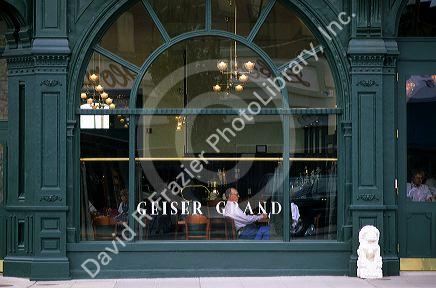 Exterior window of the Geiser Grand Hotel in Baker, Oregon.