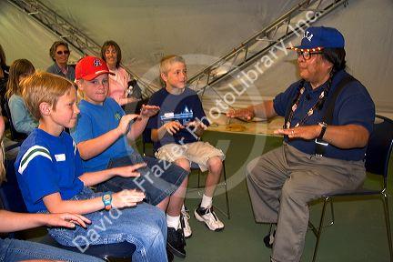Native American story teller, Ed Edmo in Boise, Idaho with Lewis & Clark traveling display.