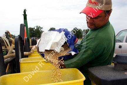 A farmer loading soy bean seeds into a planter in the east central delta region of Arkansas.