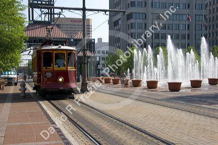 Street car and fountains in Memphis, Tennessee.