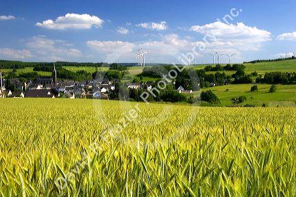 Electricity wind generators near a village in northwest Germany with a barley field in the foreground.