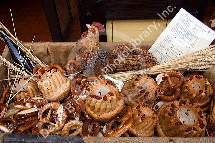 Bread and pretzels being sold at a bakery in the village of Ribeauville, Eastern France.