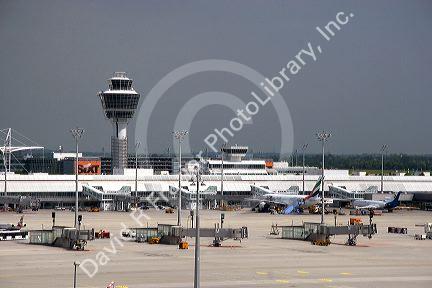 Air traffic control tower and terminal at the Munich airport, Germany.