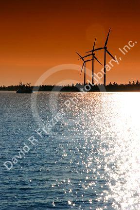 Windmills at sunset near Charlesville, Nova Scotia, Canada.
