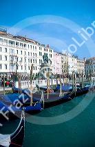 Goldolas lined up in Venice, Italy near Piazza San Marco.