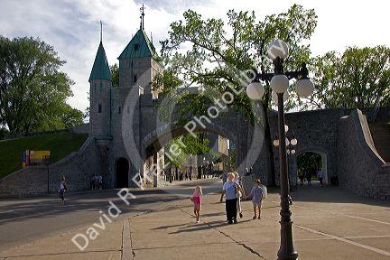 Tourist walk near the wall of the citadel in Quebec City, Canada.