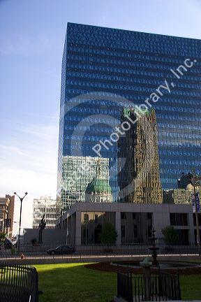 The Old Statehouse in St. Louis reflected in the glass windows of a building in Missouri.