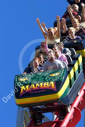 Visitors ride the Mamba roller coaster at Worlds of Fun in Kansas City, Missouri.