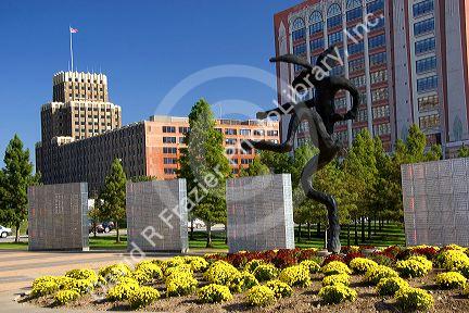 A sculpture and flowers in front of the Scottrade Center in St. Louis, Missouri.
