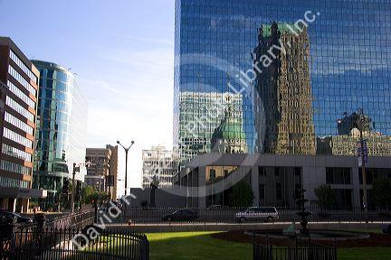 The Old Statehouse in St. Louis reflected in the glass windows of a building in Missouri.